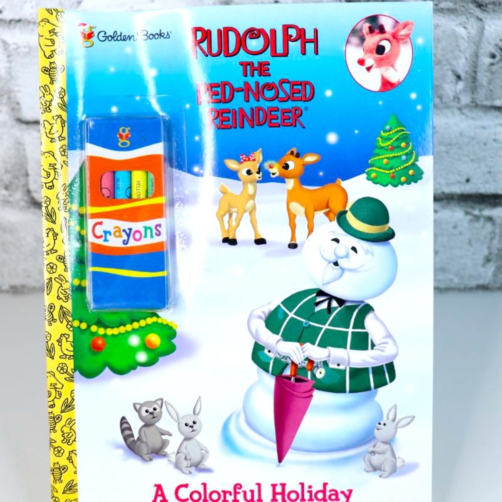 2002 Golden Books Rare Rudolph The Red Nose Reindeer Colouring Book with Crayons